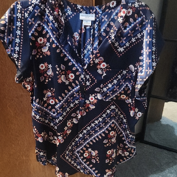 Liz Claiborne Blue and White Wrap Cap Sleeve Blouse - Picture 1 of 3